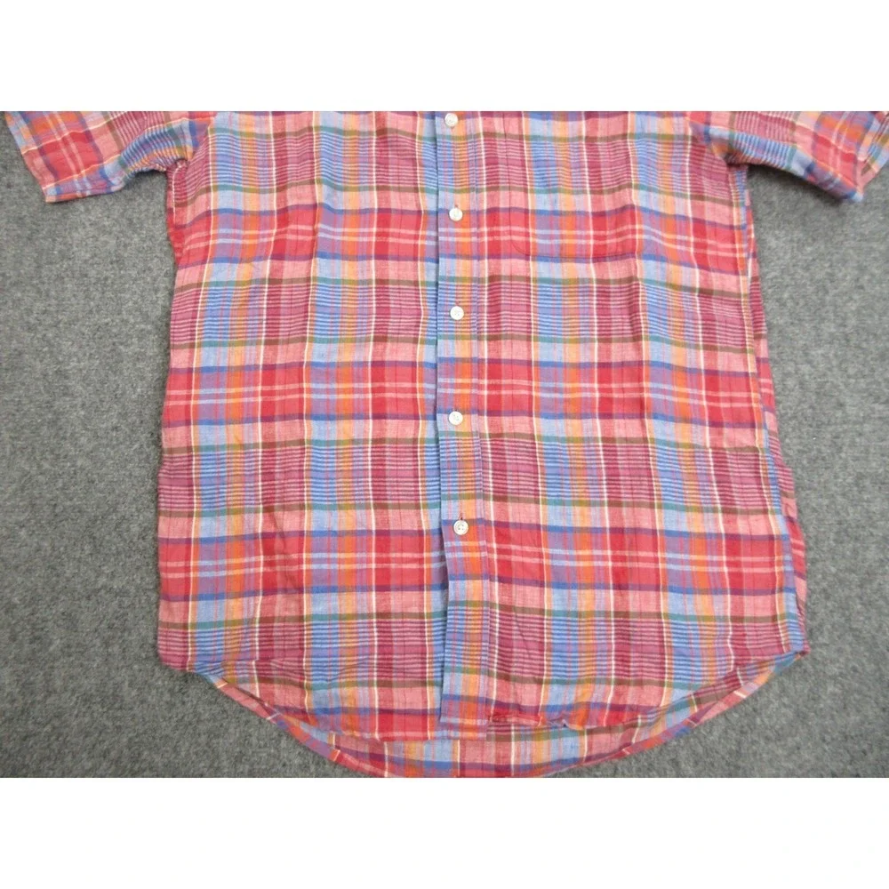 Orvis Shirt Mens Medium Red Plaid Linen Madras Button Up Casual Lightweight